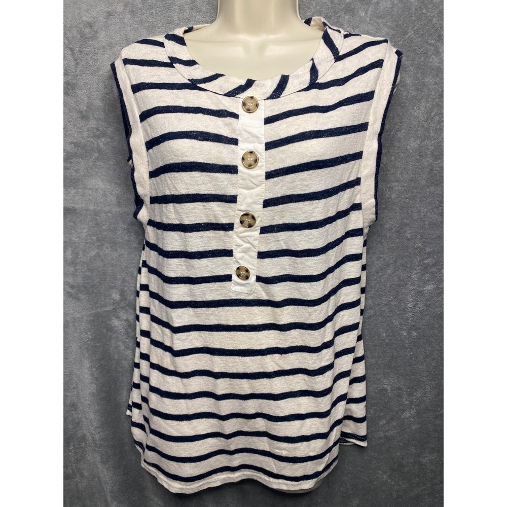Hailey & Co Striped Sleeveless Button Neck Top Women's Medium Navy White Casual